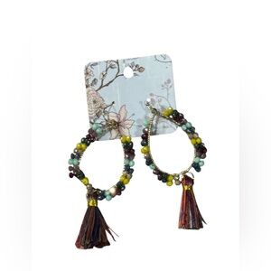 Multicolor Beaded Hoop Earrings with Tassels
